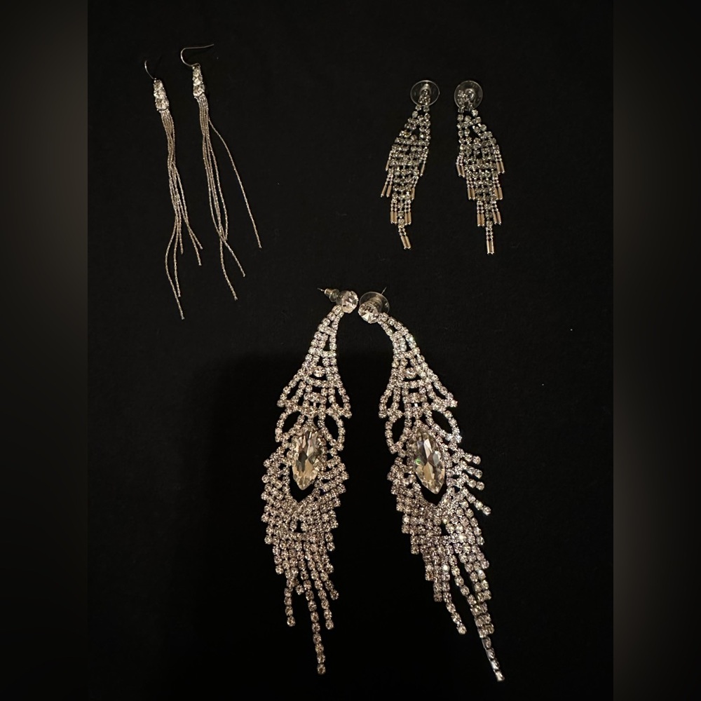 Elegant Silver Crystal Drop Earrings Set of 3